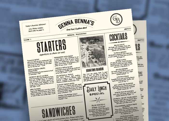 Genna Benna's Menu