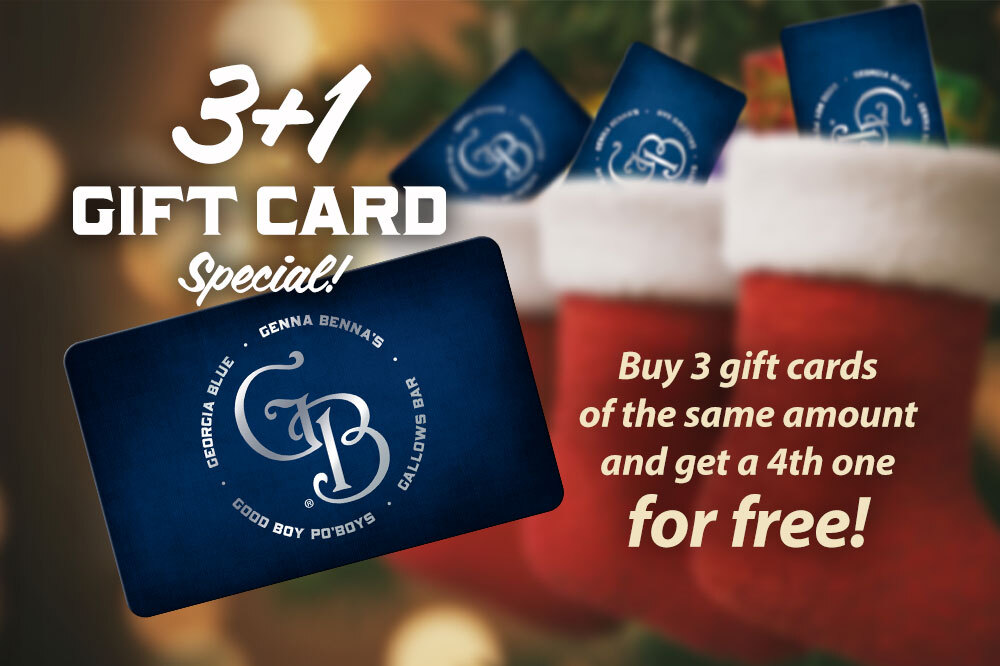 Christmas stocking with Georgia Blue gift cards sticking out, hung on mantel. Text: 3 + 1 Gift Card Special! Buy 3 gift cards of the same amount and get a 4th one for free!