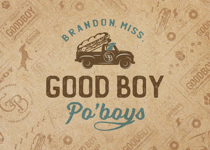 Good Boy logo. Text: Small Menu, Big Sandwiches! Good Boy Po'boys.